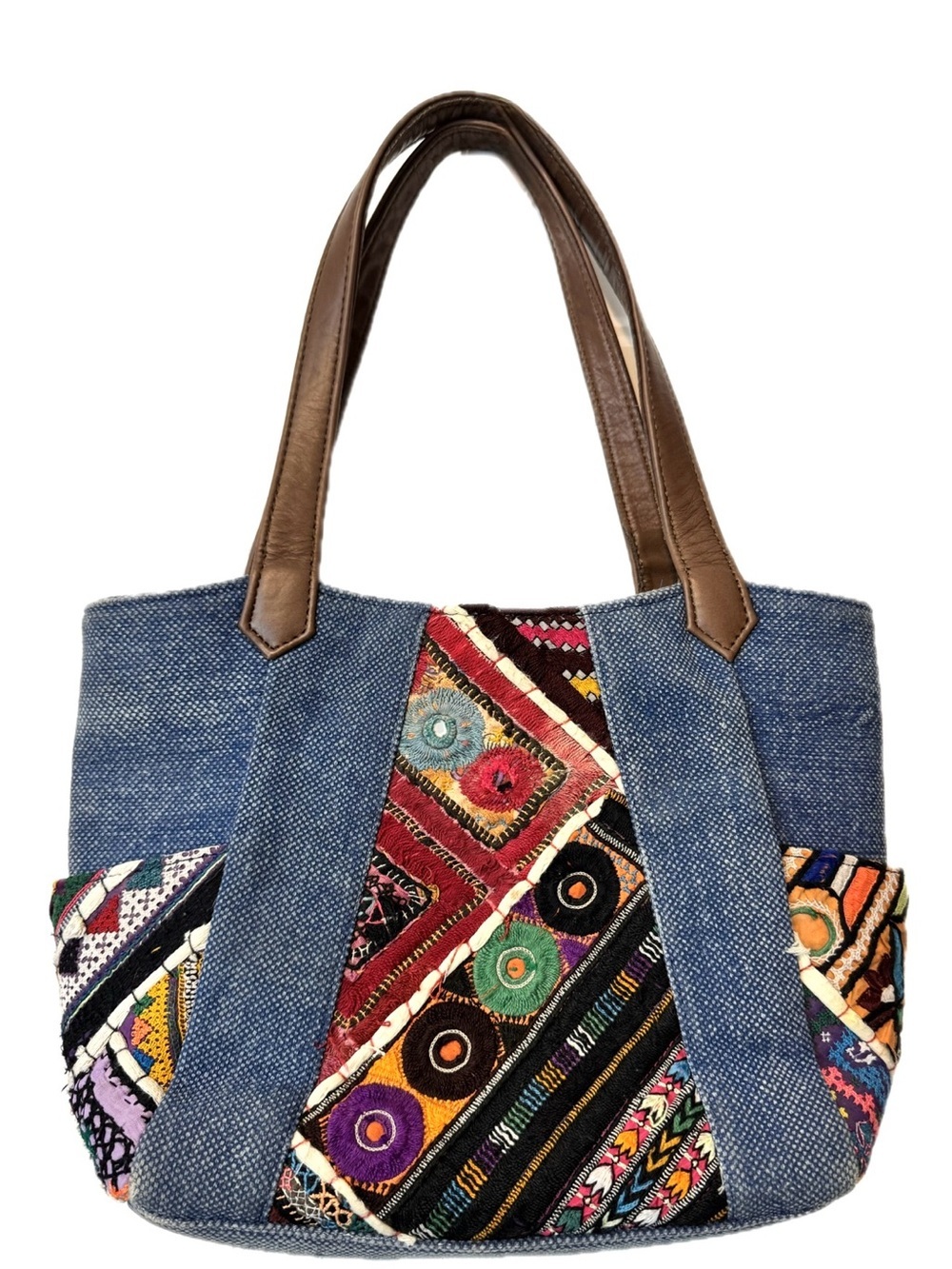 Vintage India Patchwork Embroidered Denim Tote Bag Boho Festival Mirror Work